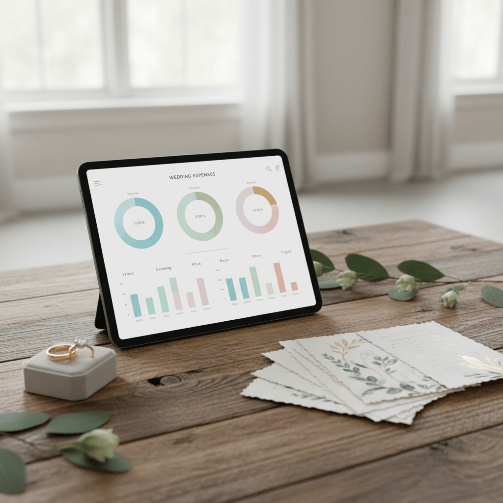 Digital wedding budget spreadsheet showing detailed expense categories, cost tracking, and real-time financial monitoring