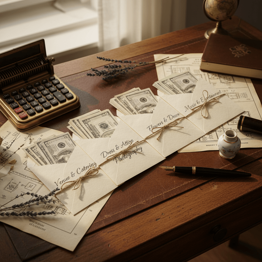 Wedding budget envelope system with cash allocation for different expense categories and traditional money management