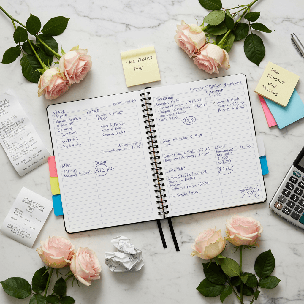 Wedding budget planner book with organized sections for different expense categories and detailed financial planning
