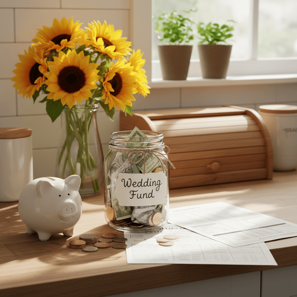 Wedding savings jar and financial goal tracking system for building wedding fund over time