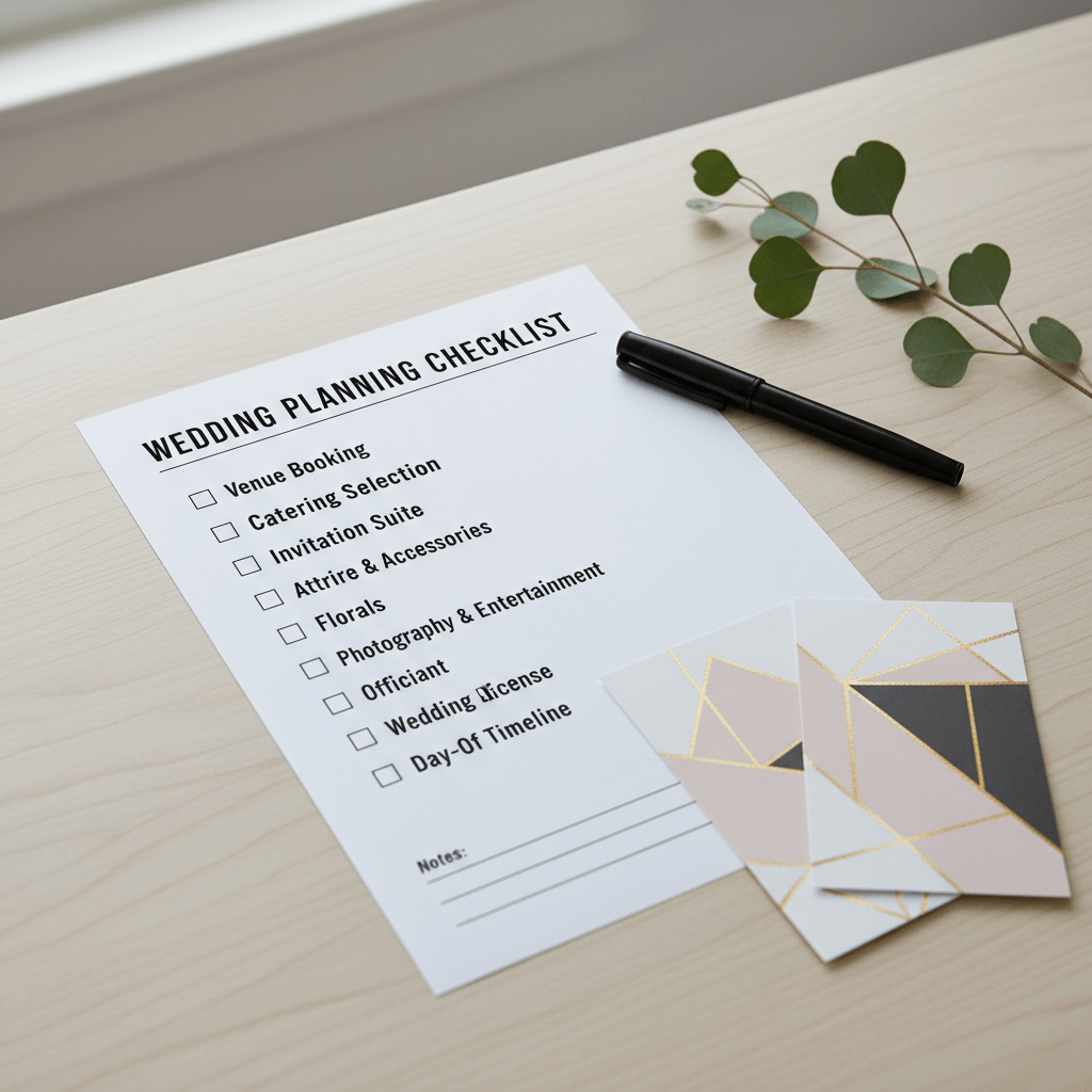Minimalist wedding checklist with clean lines, simple design, and focus on essential planning tasks without clutter
