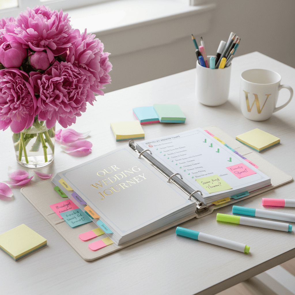 Wedding checklist binder with organized tabs, section dividers, and comprehensive planning materials for detailed organization