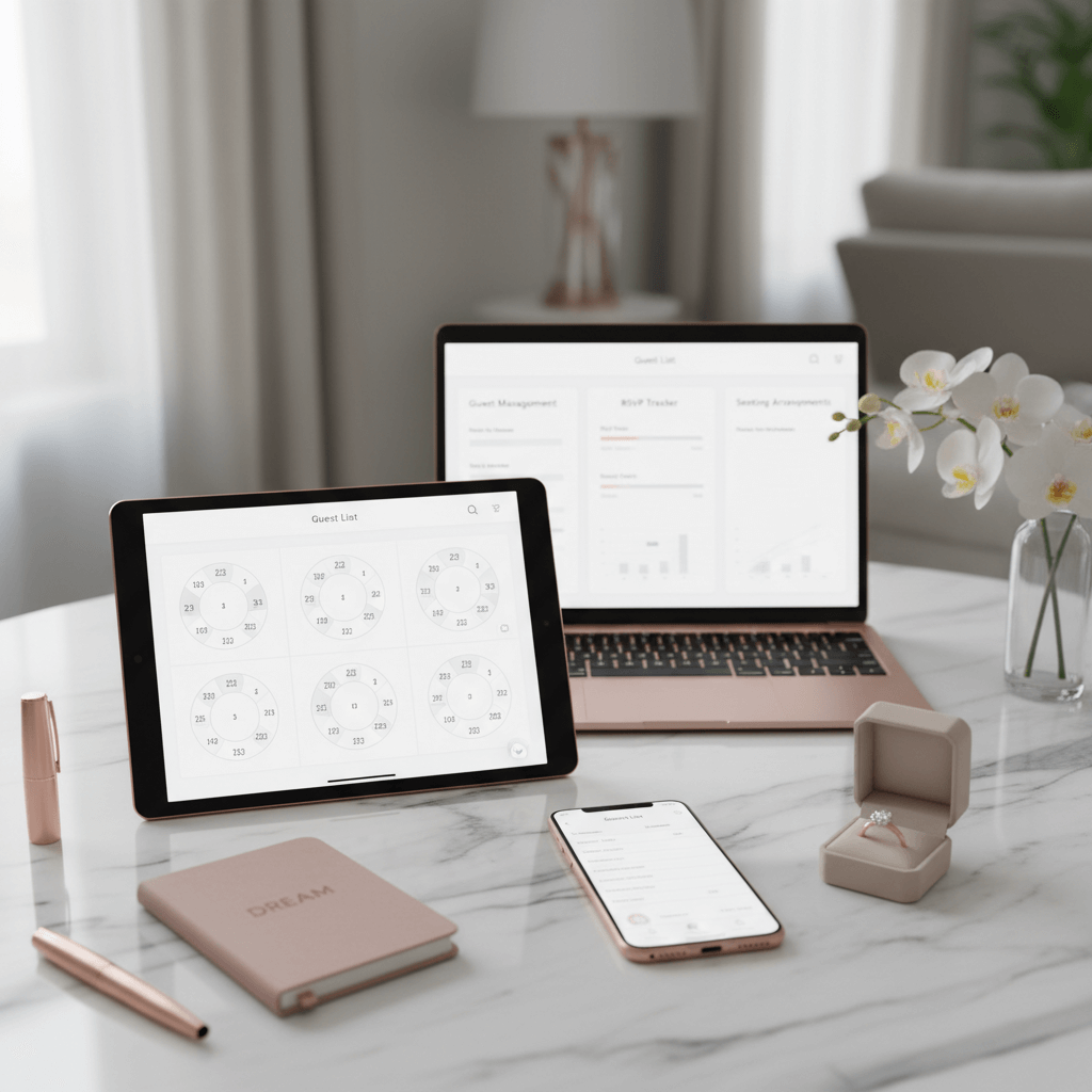 Wedding planning app across multiple devices showing bride-centric features and mobile optimization
