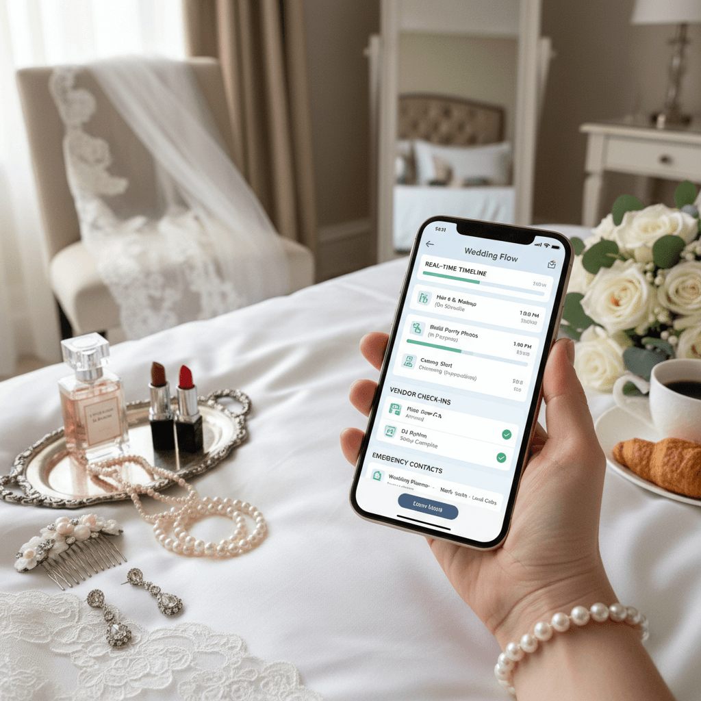 Wedding day coordinator app with timeline management, vendor coordination, and day-of execution tools