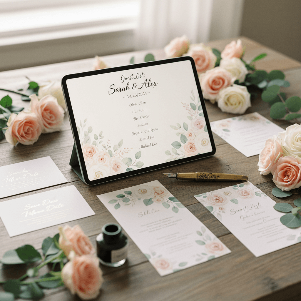 Modern digital wedding guest list interface with categorized sections for family, friends, and colleagues