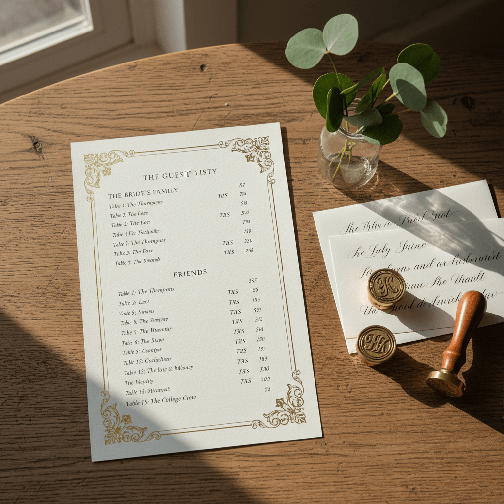 Professional wedding guest list spreadsheet with organized columns for names, addresses, RSVP status, and meal preferences