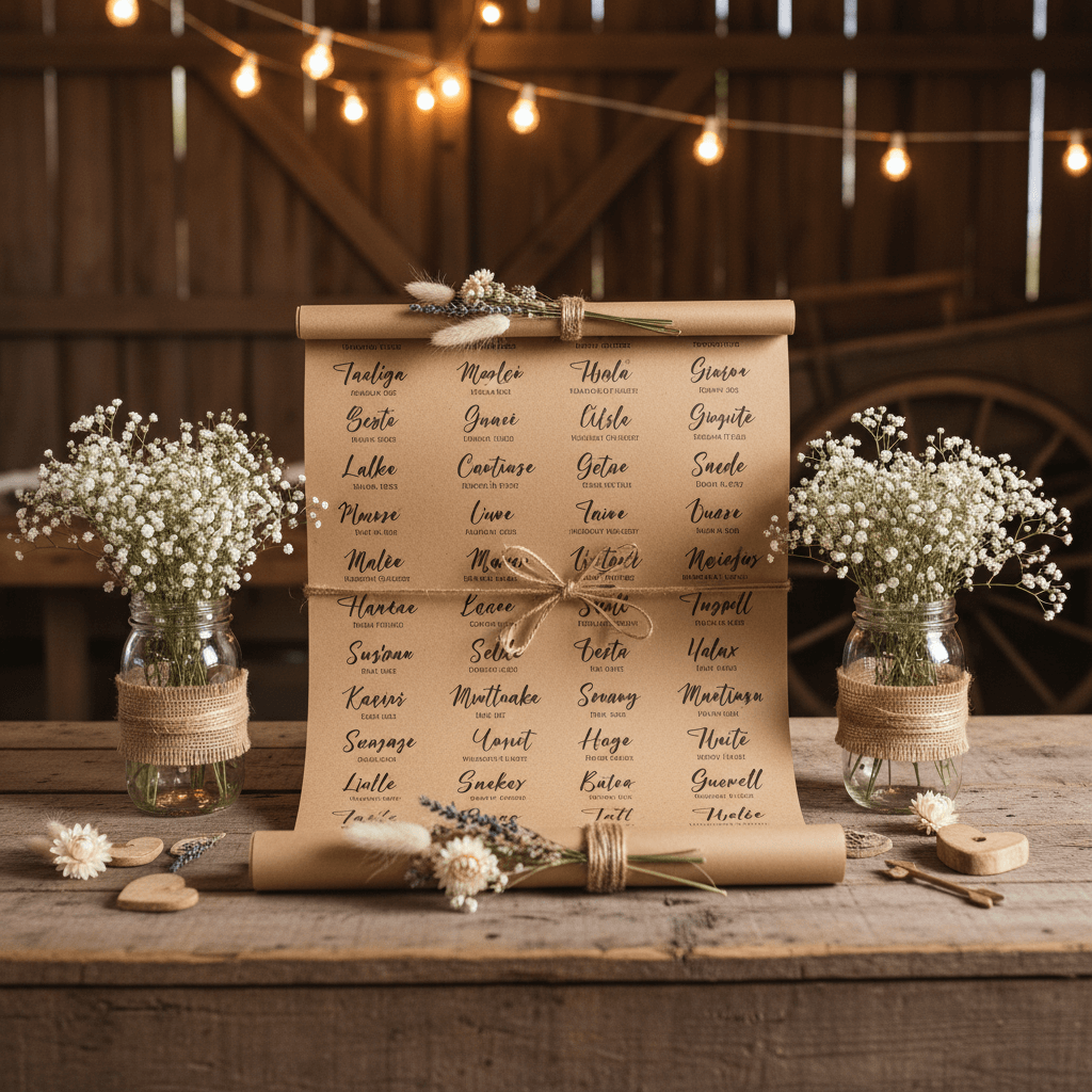 Rustic wedding guest list design with natural wood textures and handwritten fonts