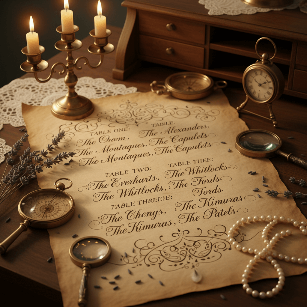 Vintage-style wedding guest list with elegant calligraphy and classic design elements