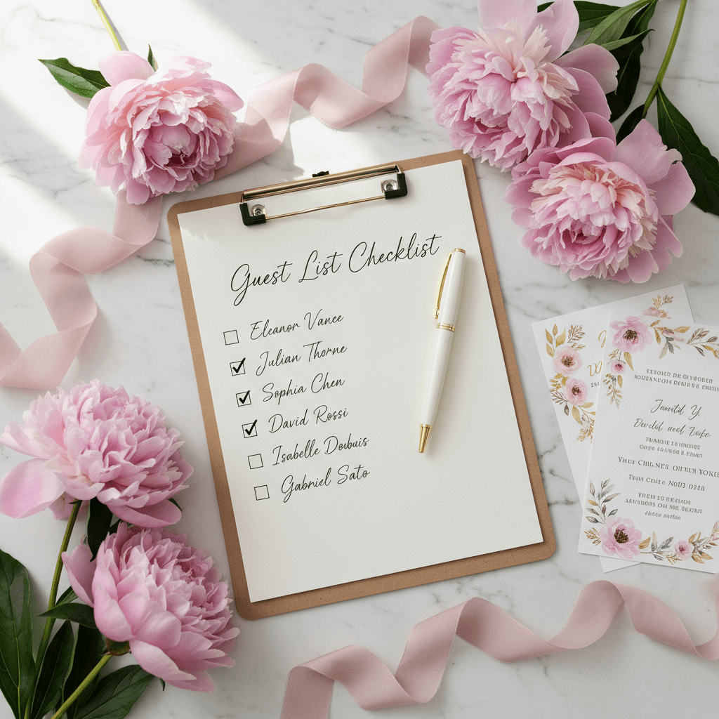 Wedding guest information checklist with fields for dietary restrictions, plus-ones, and special accommodations