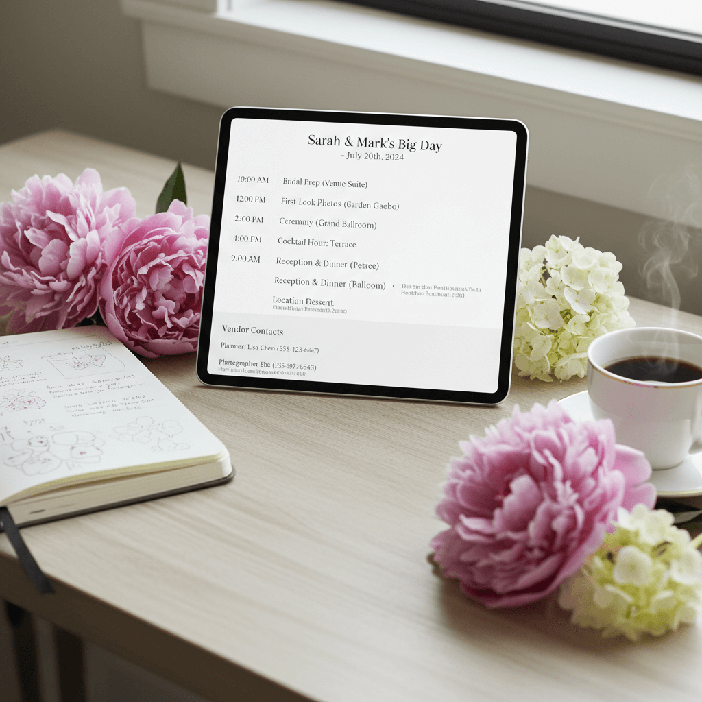 Digital wedding itinerary interface with real-time updates, vendor coordination, and mobile accessibility