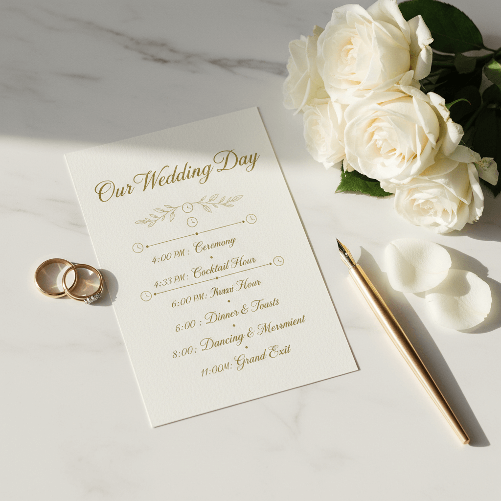 Elegant wedding itinerary with sophisticated design, detailed timing, and professional presentation