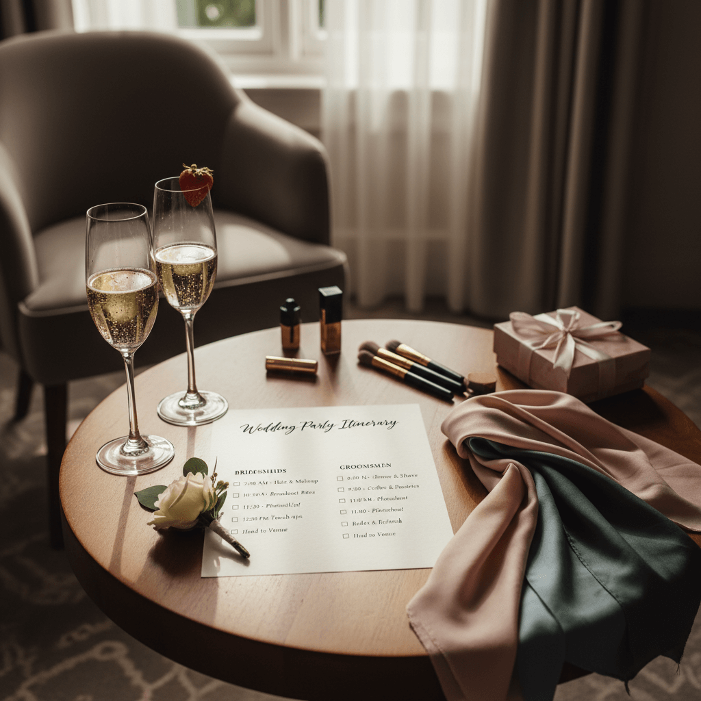Wedding party itinerary with detailed role assignments, timing responsibilities, and coordination instructions