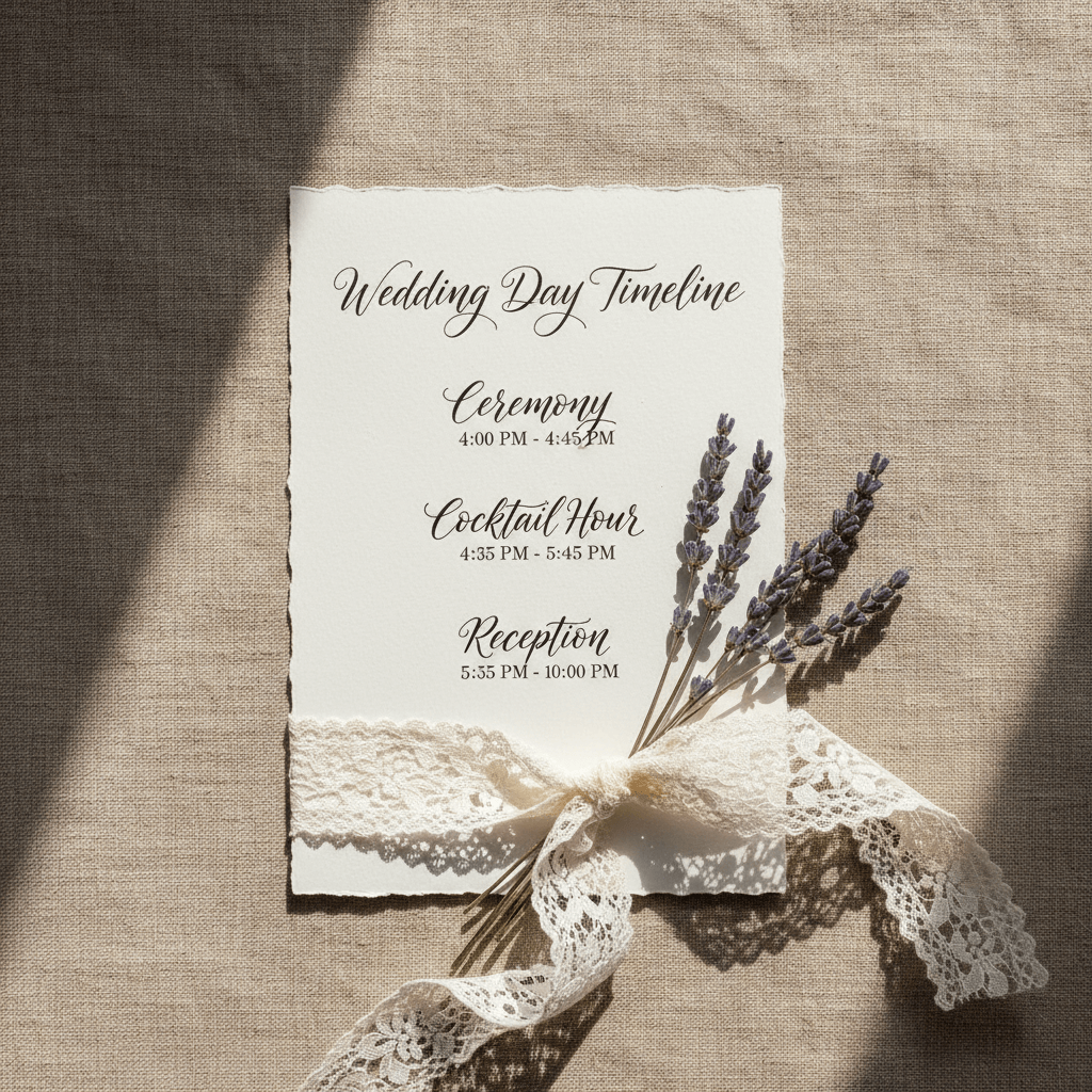 Wedding timeline card with condensed schedule information for guest reference and day-of coordination