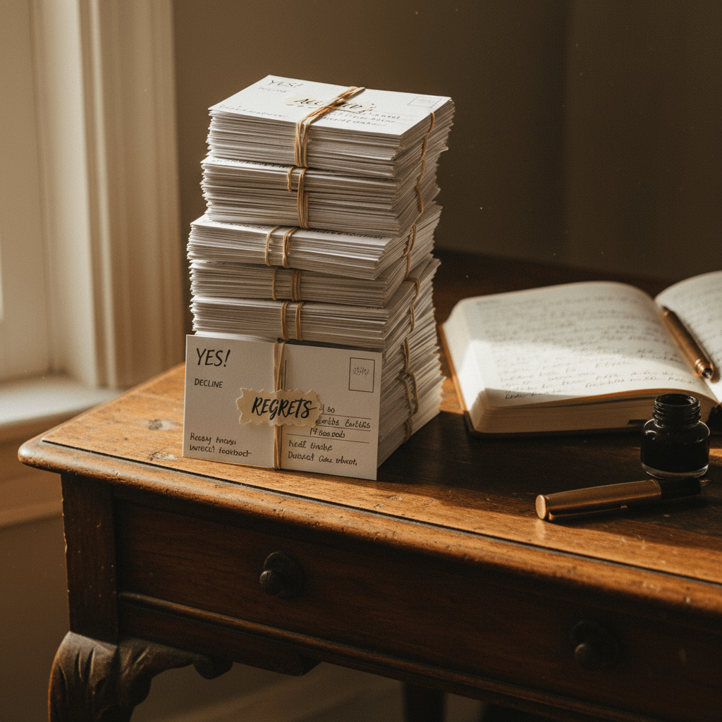 Stack of completed wedding RSVP cards organized for processing and guest list updates