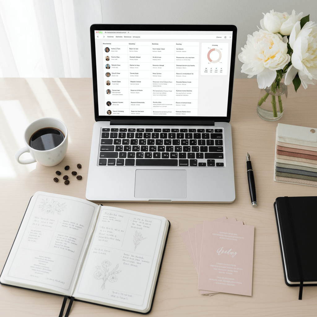 Digital wedding RSVP system interface showing online response forms and tracking dashboard