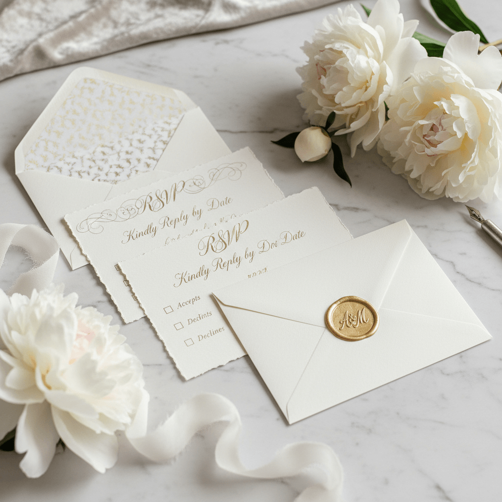 Elegant wedding RSVP cards with sophisticated design and clear response options