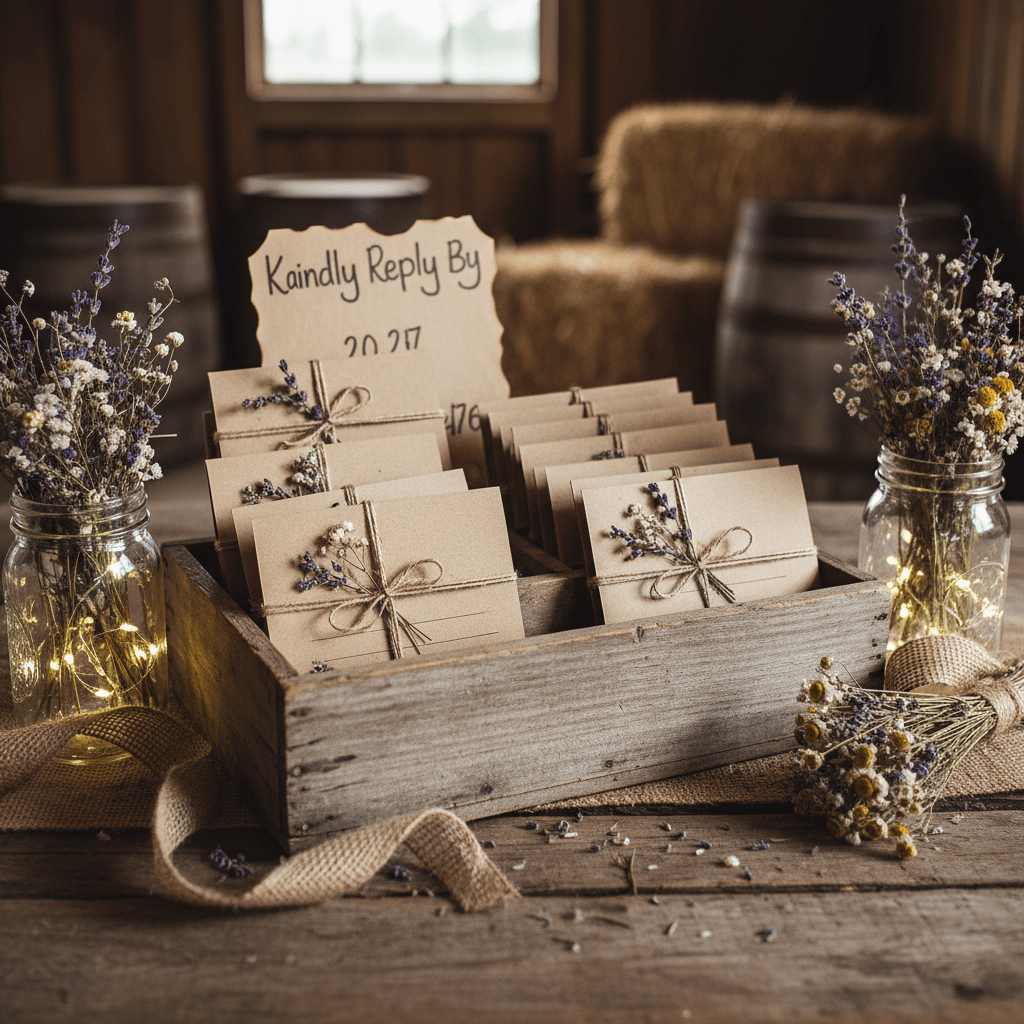 Rustic wedding RSVP cards with natural textures and country-style design elements