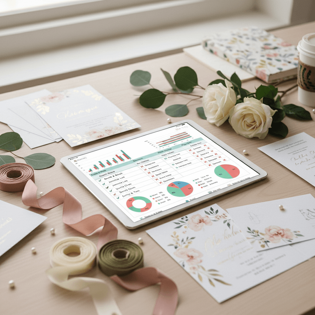 Wedding RSVP tracking system on tablet showing response management and guest coordination