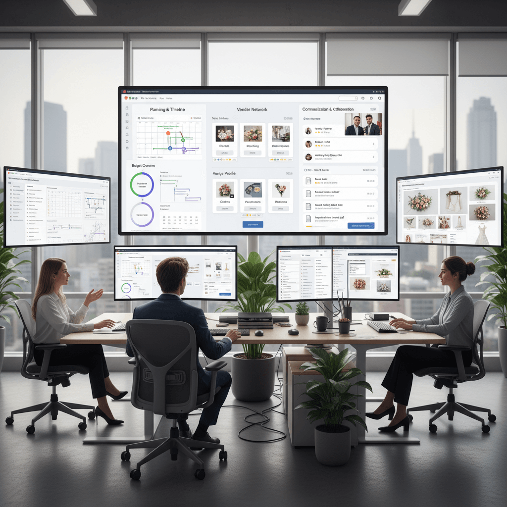 Comprehensive wedding management platform showing integrated planning tools, vendor coordination, and guest management features