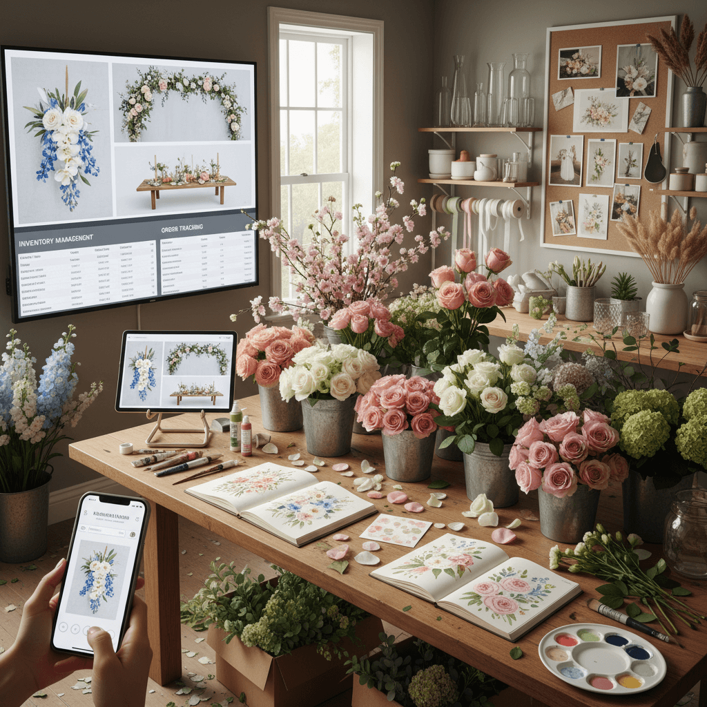 Wedding florist design software with floral arrangement planning, cost calculation, and visual design tools