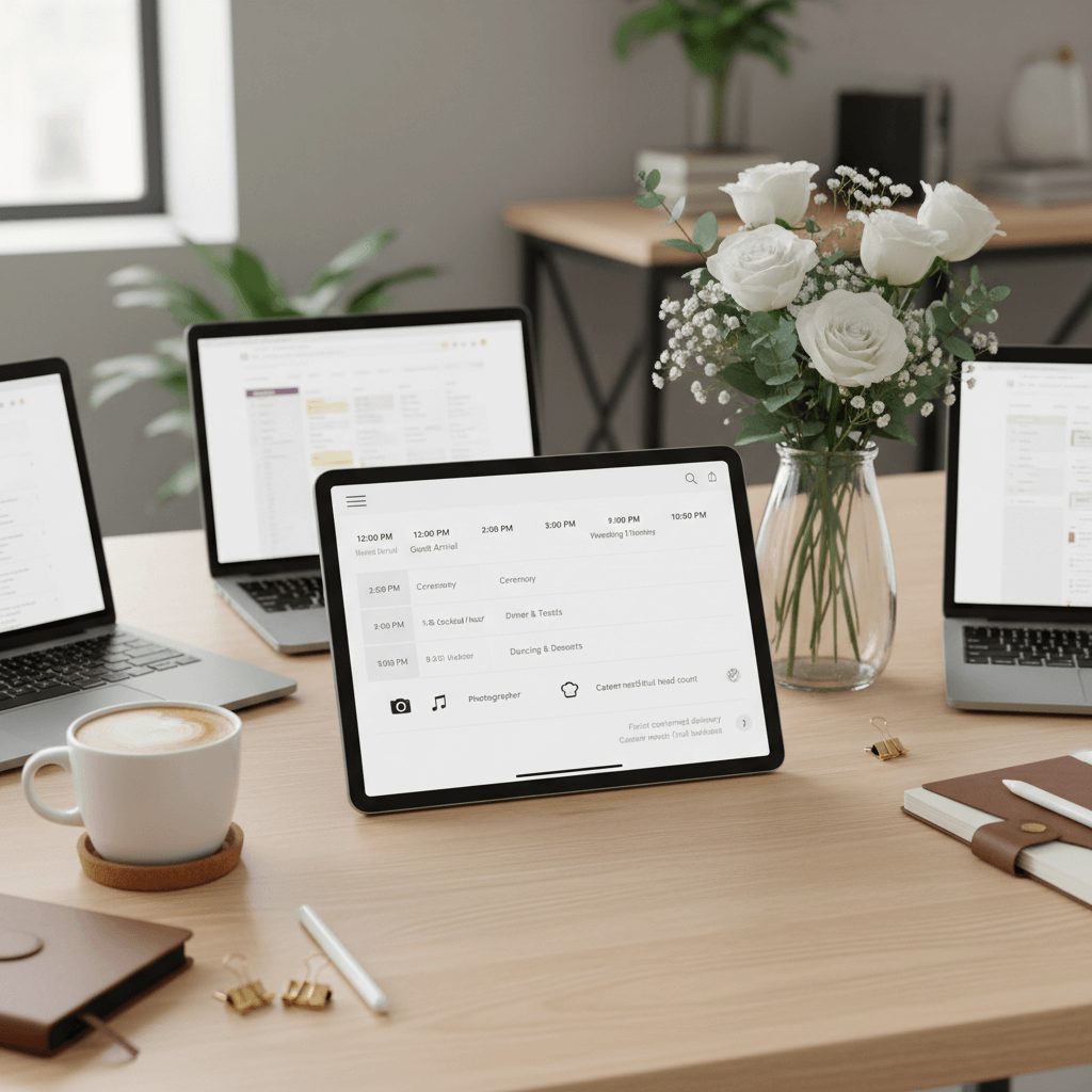 Digital wedding timeline on tablet showing real-time updates, vendor coordination, and mobile accessibility