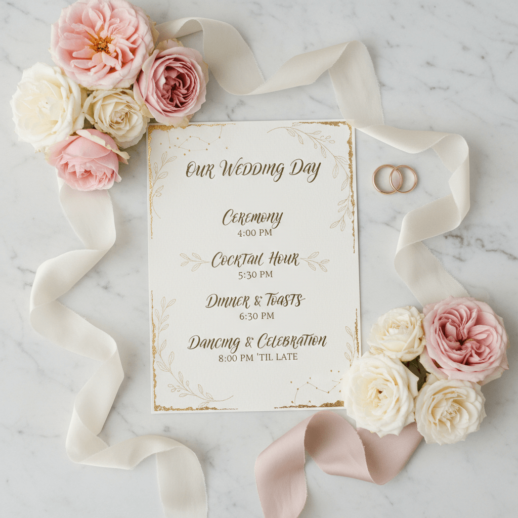 Elegant wedding timeline chart with sophisticated design and detailed scheduling for luxury celebrations