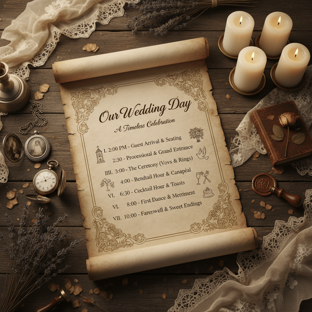 Vintage wedding timeline on parchment with classic design elements and traditional scheduling approach