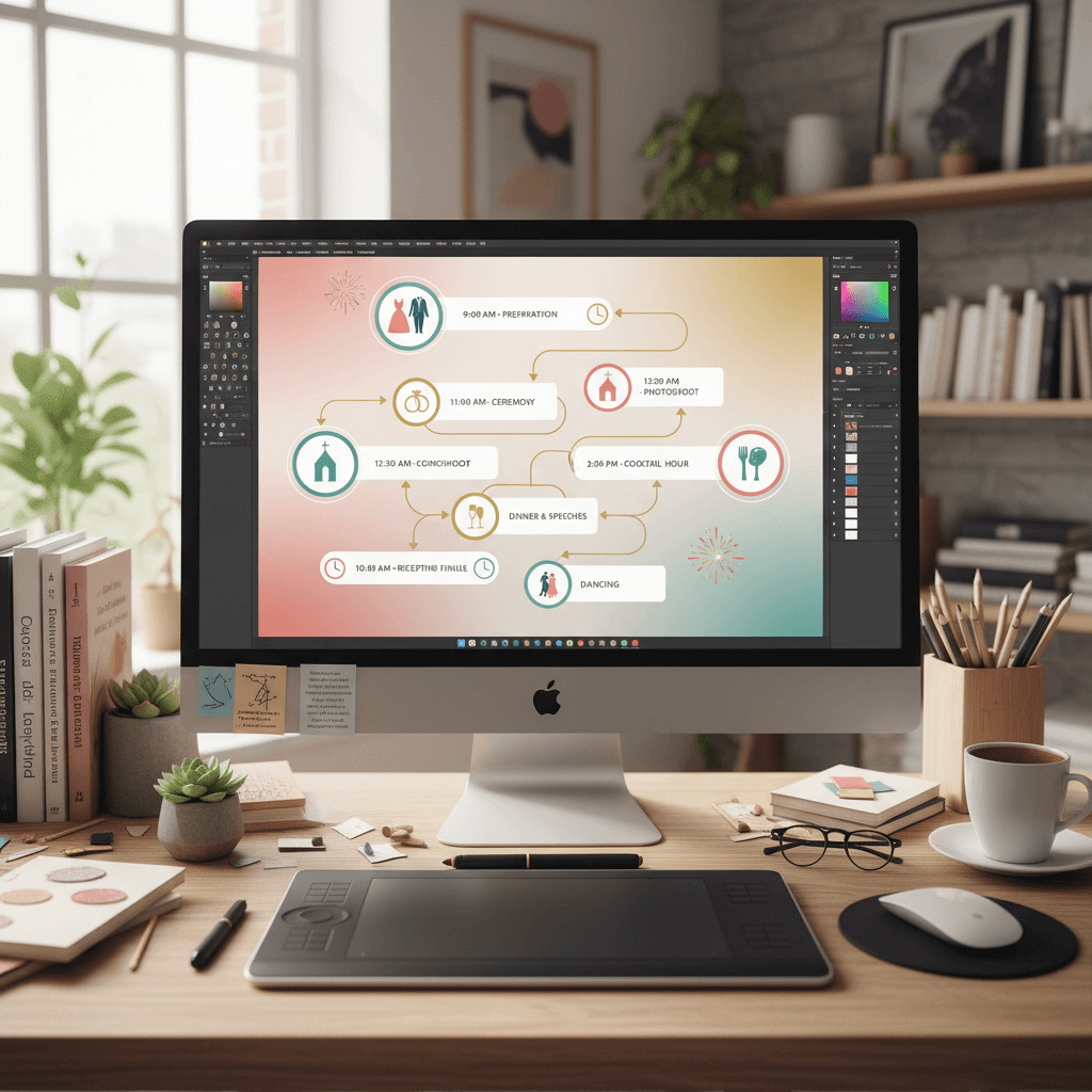 Wedding timeline infographic with visual design elements, icons, and clear scheduling presentation