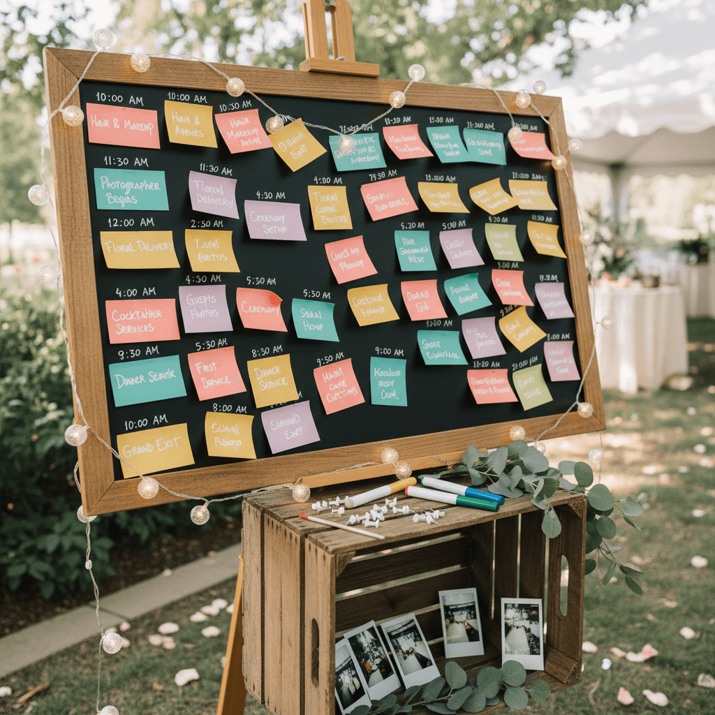 Wedding timeline planning board with visual coordination tools and collaborative scheduling features