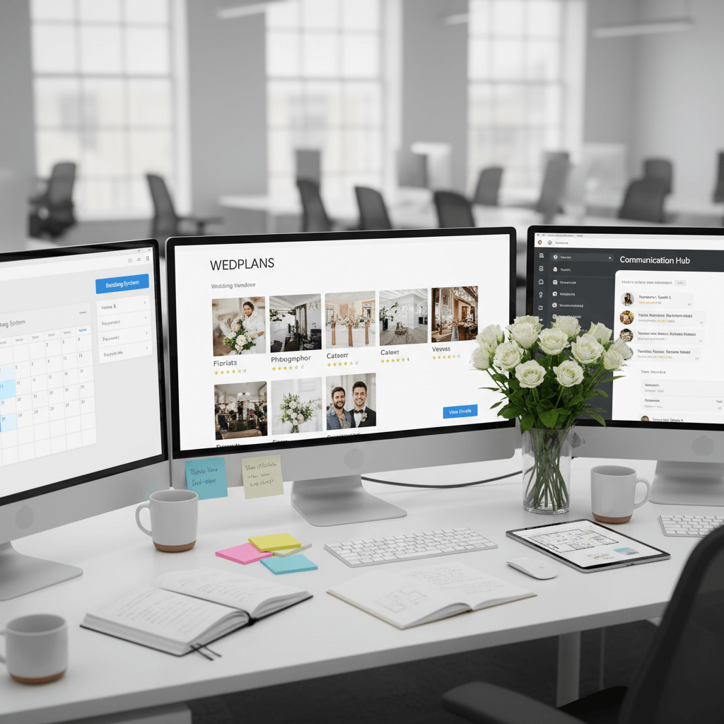 Digital wedding vendor marketplace with search filters, reviews, and booking capabilities for finding wedding professionals