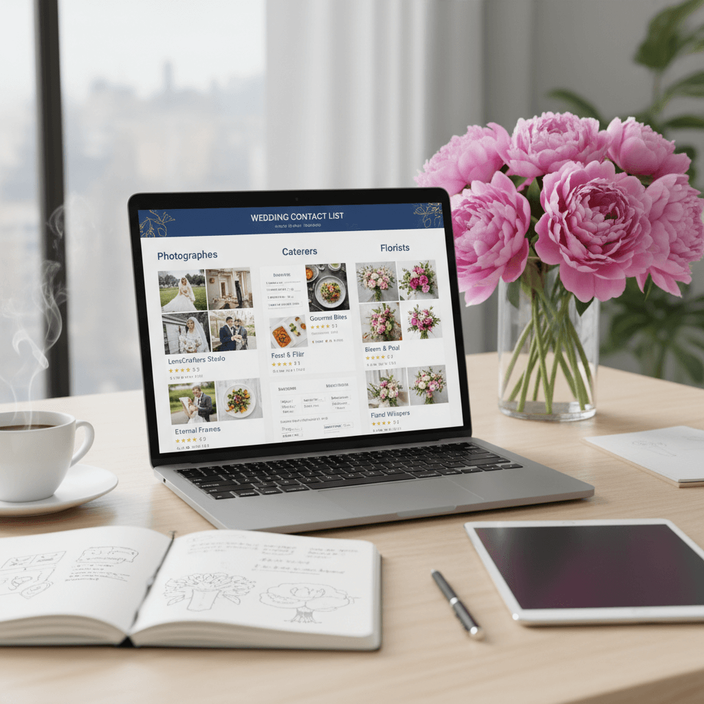 Wedding vendor contact database with organized communication history and relationship management features
