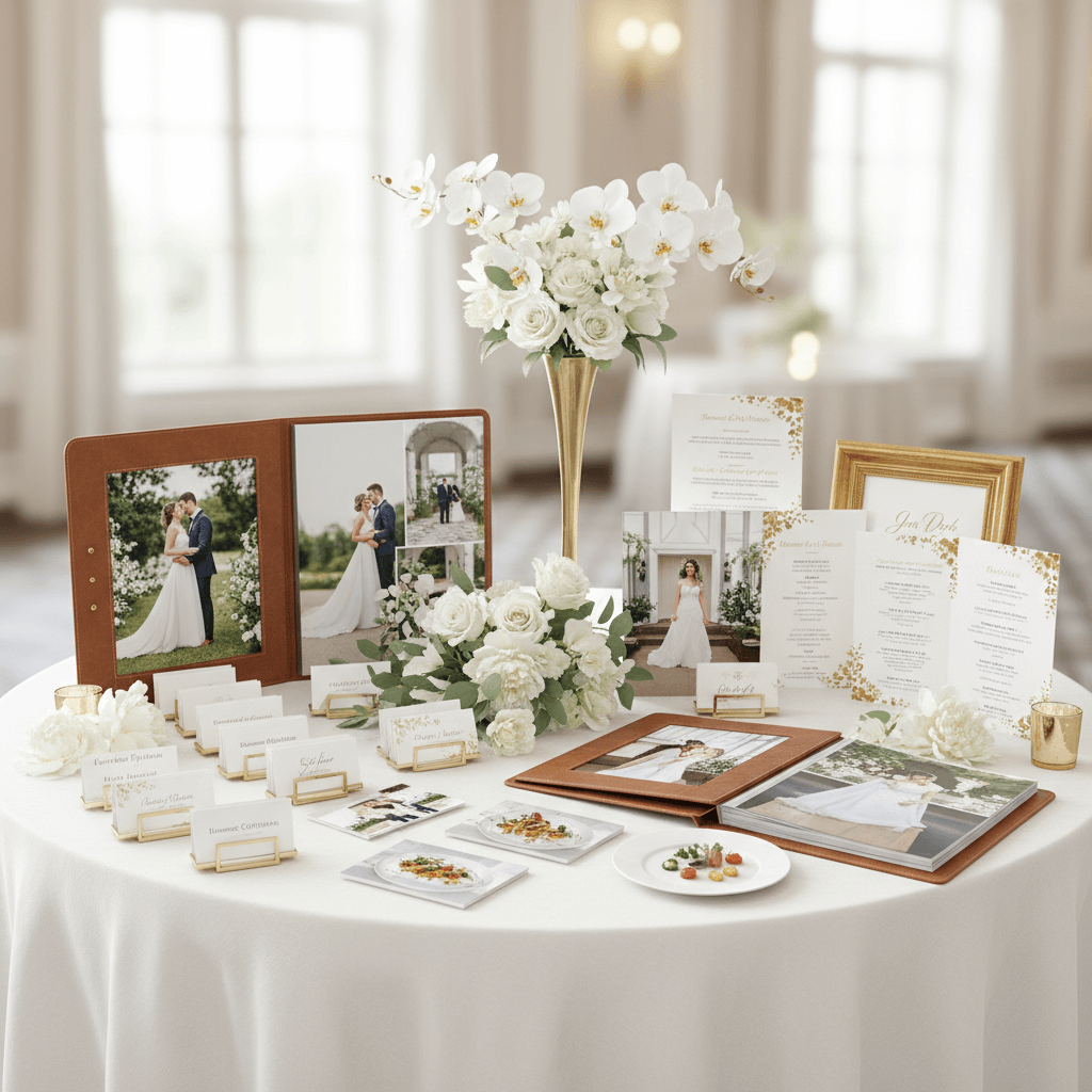 Wedding vendor showcase display with portfolio presentations and service demonstrations