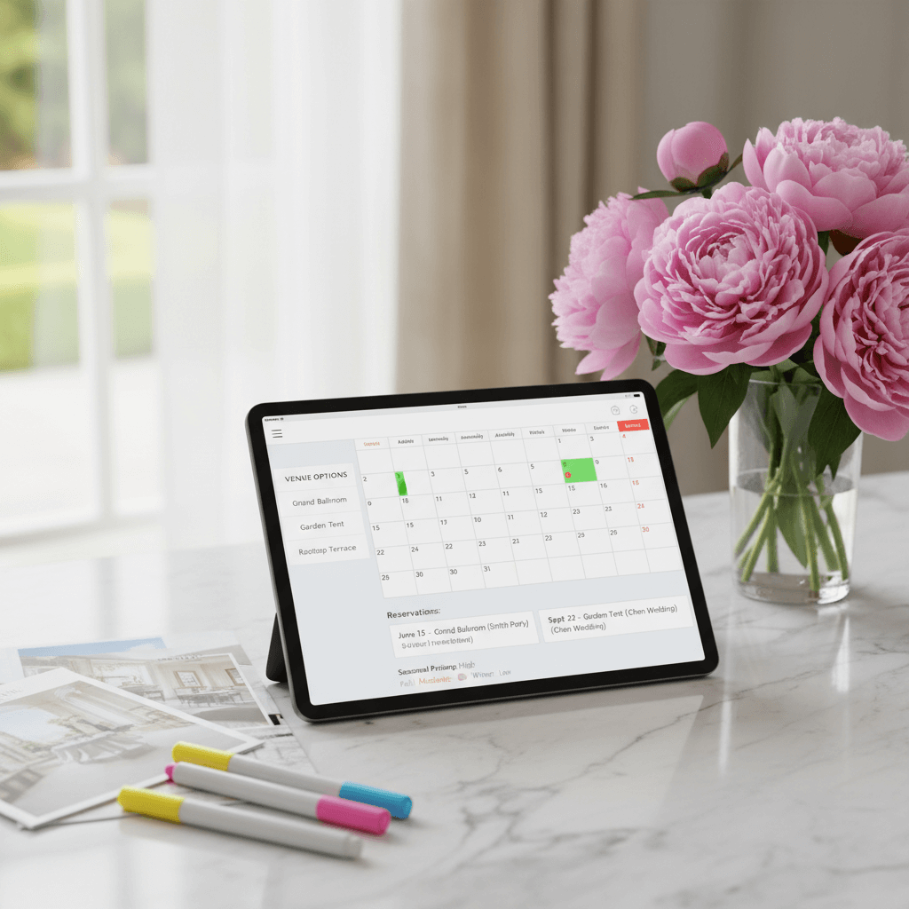 Wedding venue booking calendar with availability tracking, date selection, and reservation management