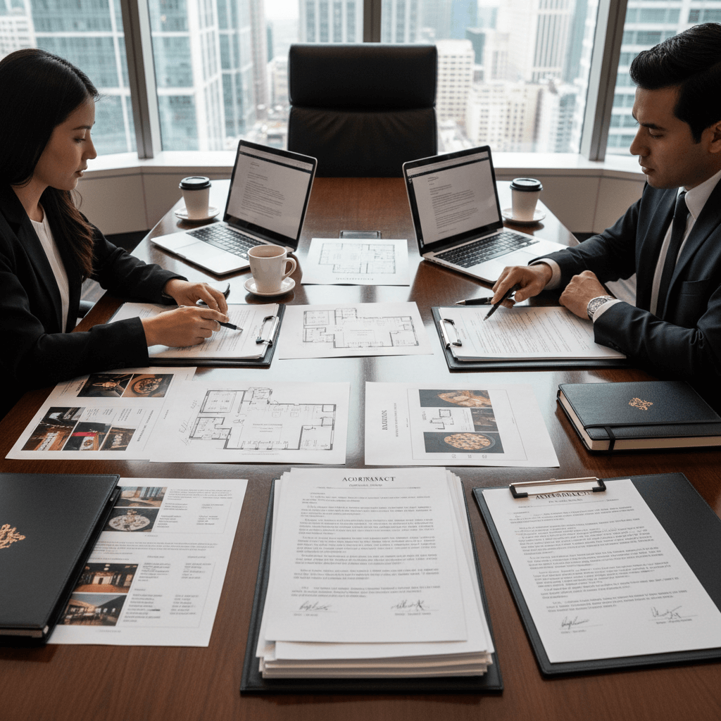 Wedding venue contract documents with terms, pricing details, and booking agreements
