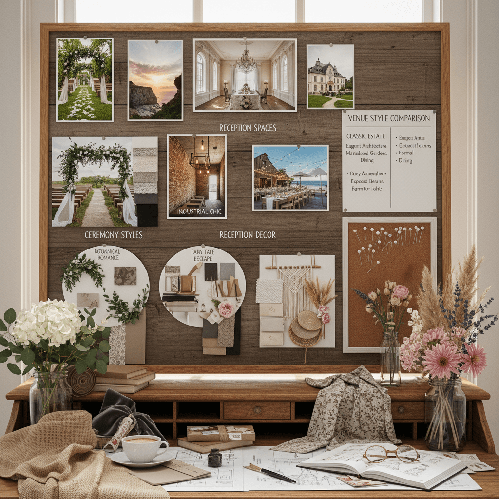 Wedding venue inspiration board with style examples, layout ideas, and decoration possibilities
