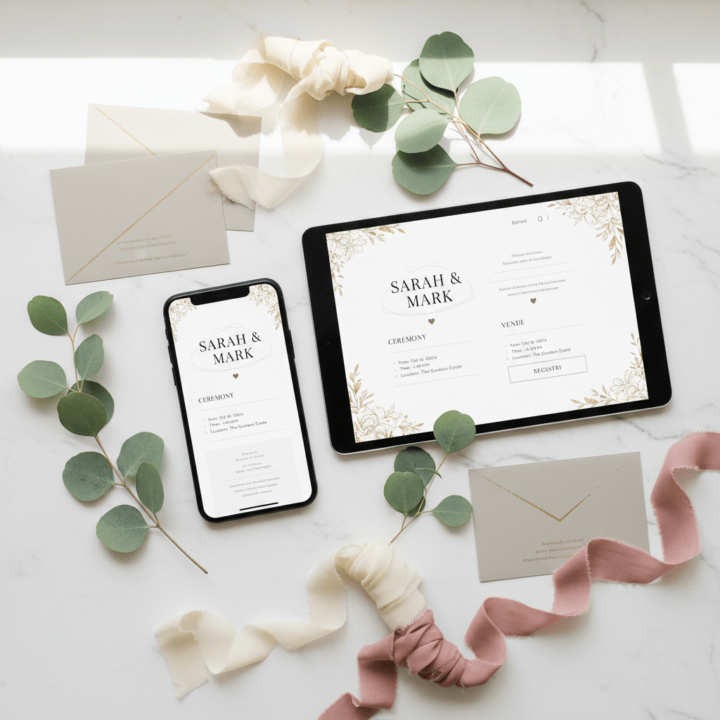 Mobile-responsive wedding website shown on smartphone with touch-friendly navigation and optimized content layout