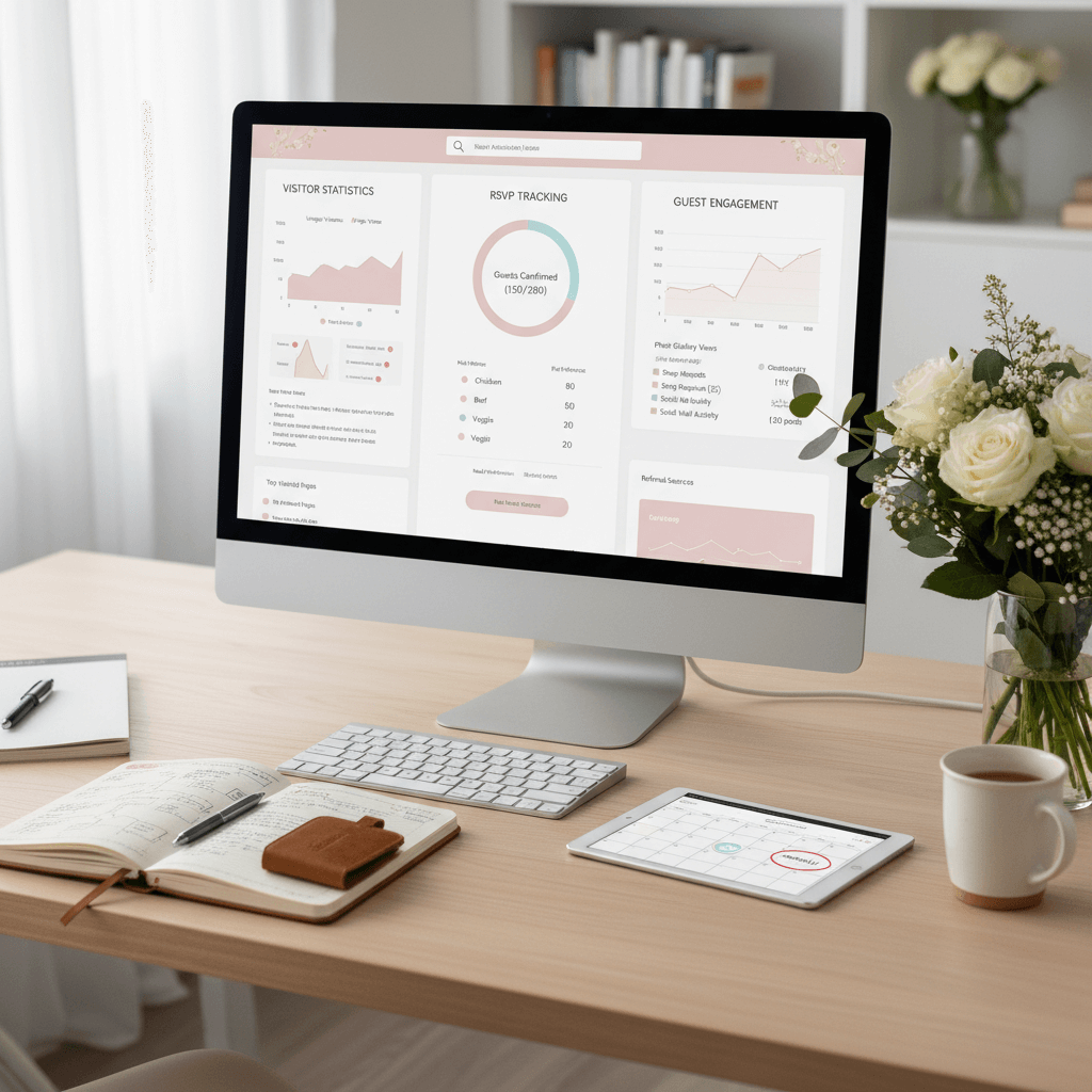 Wedding website analytics dashboard displaying visitor statistics, page views, and engagement metrics for site optimization