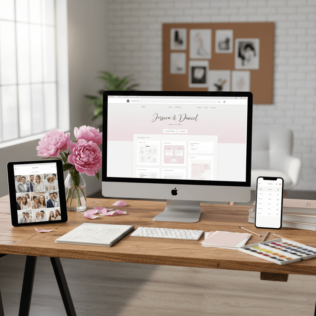 Wedding website builder interface showing drag-and-drop functionality and customization options for easy site creation