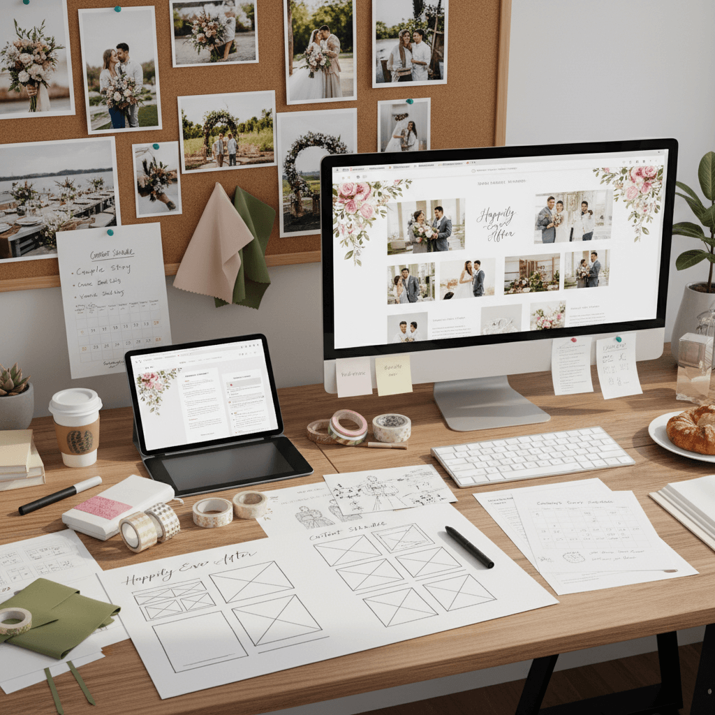 Wedding website design process workflow showing planning, design, and development stages for creating professional sites